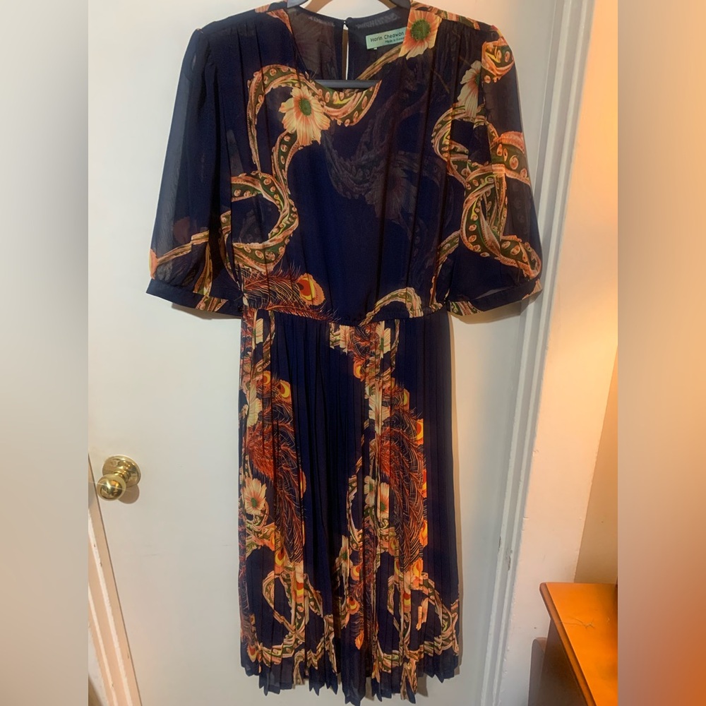 Harin Cheawon Navy and Orange Midi Dress Size XS